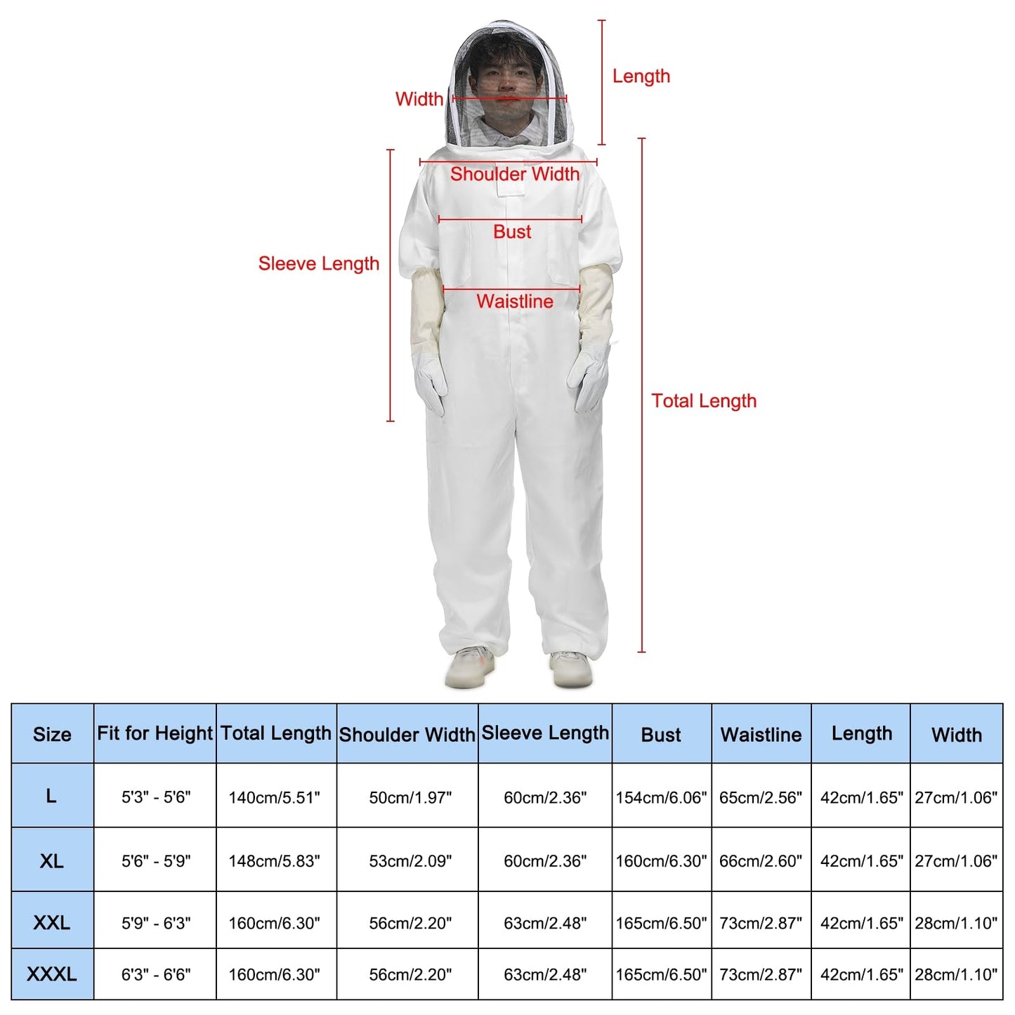 HARFINGTON Bee Suit for Men Women XXXL Beekeeping Suit Outfit with Gloves and Veil Hood (Jacket, Pants, Gloves) Bee Suits for Adult Backyard Professional and Beginner Bee Keeper,White