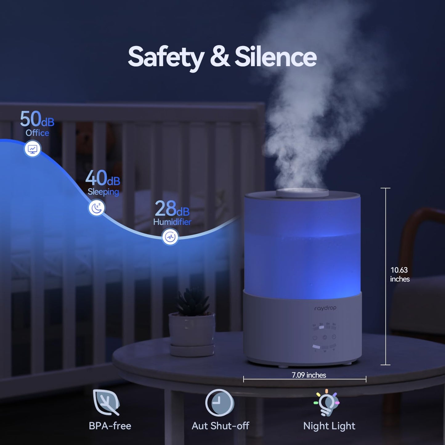 raydrop Humidifiers for Bedroom, Cool Mist Air Humidifiers for Large Room & Home, Top Fill 3.0L Humidifier for Nursery, Baby & Plants, Essential Oil Diffuser with Color Lights,Auto Shut-Off, Timer