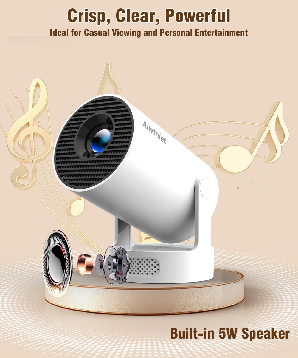 Mini Projector with WiFi6 and Bluetooth5.4, Android 14 Portable Smart Projector 4K Support, 5w Soundbase Speaker, 200ANSI & Auto Keystone, 180° Rotatable, Projecteur for Home Bedroom Movie HY300Pro+