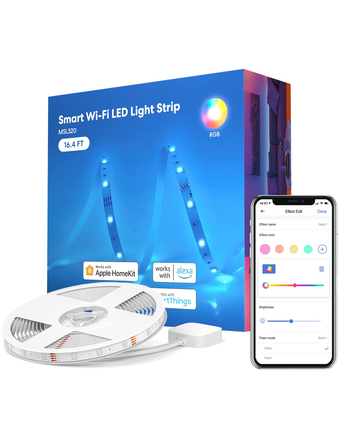 meross Smart LED Strip Lights, 16.4ft RGB WiFi LED Strip Compatible with Apple HomeKit, Alexa, Google Home and SmartThings, Warm and Cool White
