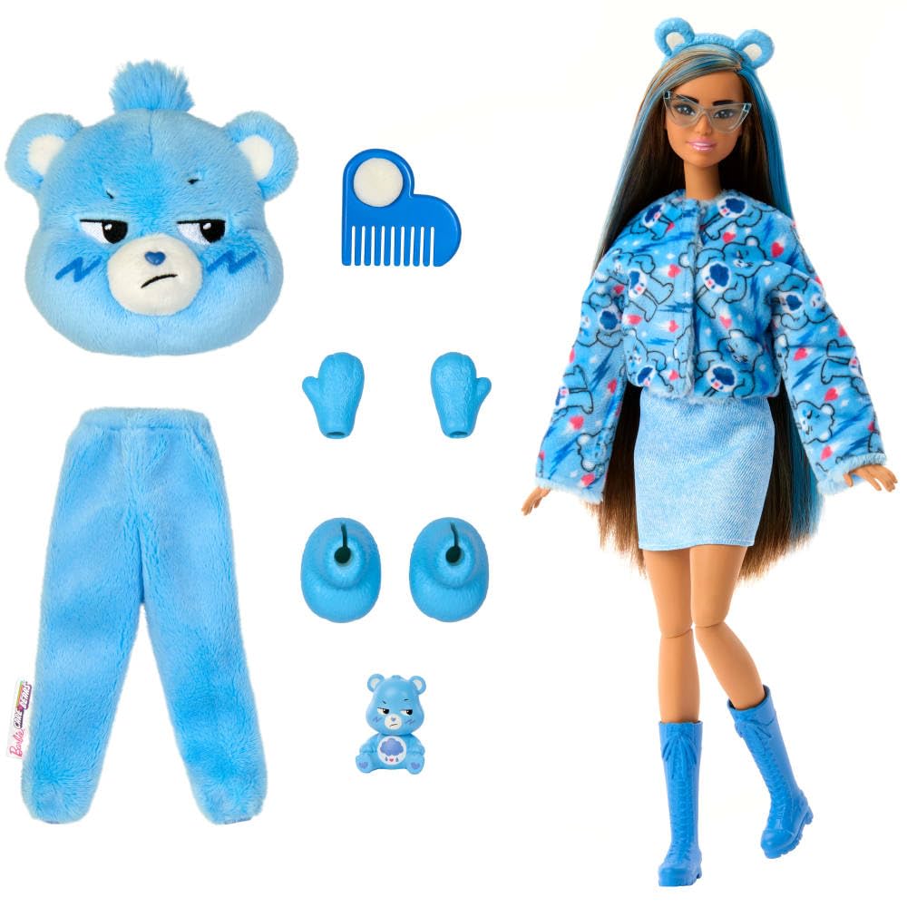 Barbie Cutie Reveal Care Bears Series Doll & Accessories Set with Grumpy Bear Plush Costume & 10 Surprises Including Color Change & Mini Bear
