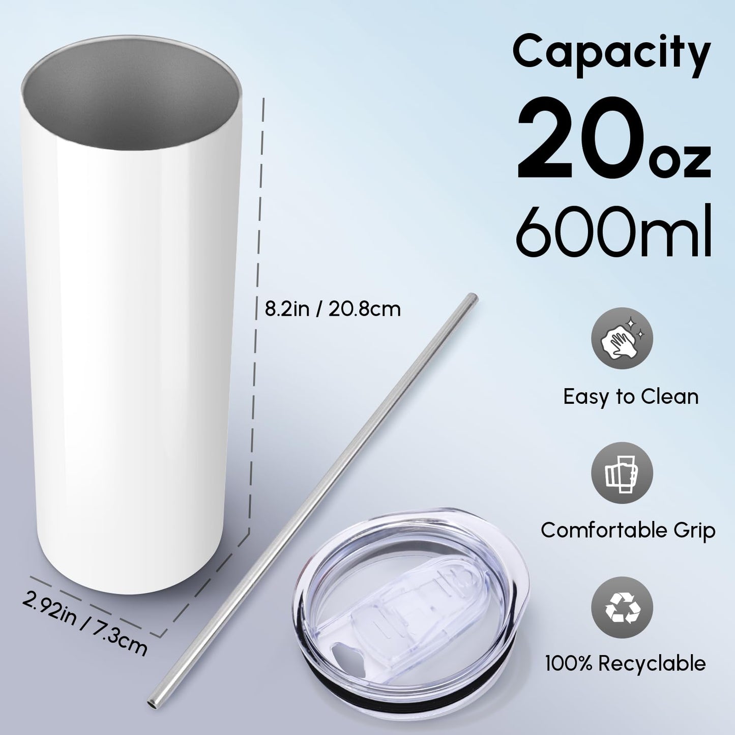 Volhoply 12 Pack Skinny Sublimation Tumblers with Lid and Straw, 20oz Stainless Steel Straight Tumbler Bulk, Vacuum Insulated Coffee Mug for Home, Office, Travel, DIY (Sublimation,12 Pack)