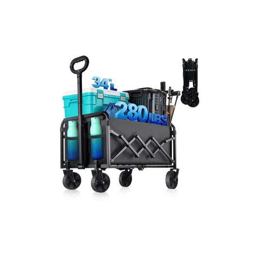 280LBS Collapsible Wagon Cart with Wheels - Heavy Duty Folding Wagon Carts for Grocery, Lightweight Utility Wagon with All-Terrain Wheels & 2 Cup Holders, Portable Beach Wagon for Shopping Garden