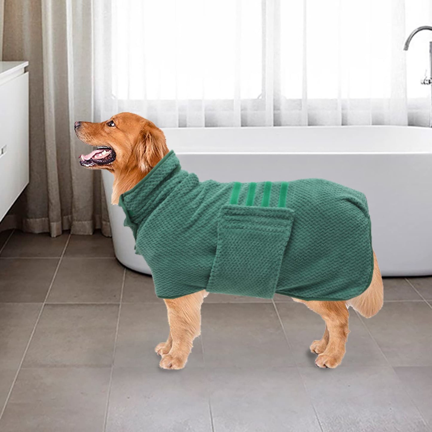 Geyecete Dog Bathrobe Towel - Fast Drying Coat, Super Absorbent Pet Bath Robe - Pineapple Grid Design for Dogs and Cats - Green, 3XL