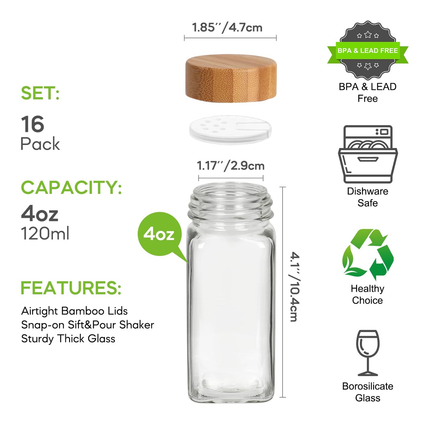 16 Pack 4 oz Small Square Glass Spice Jars with Bamboo Lids, 120 ml Empty Spice Containers with Shaker Lids & Blank/Printed Labels for Kitchen Cabinet Organization