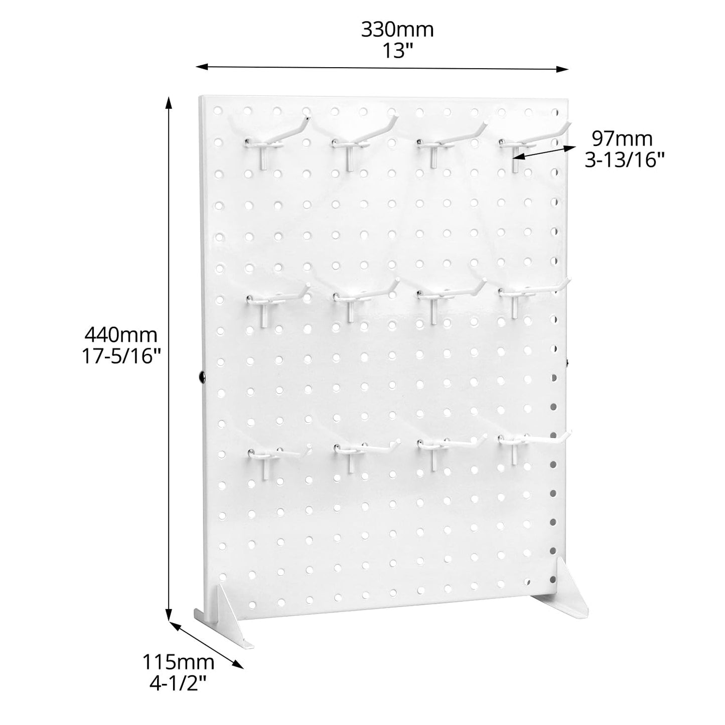 QWORK White Steel Peg Board Display Stand with 12 Hooks Included for Jewelry, Ornaments & Keychains
