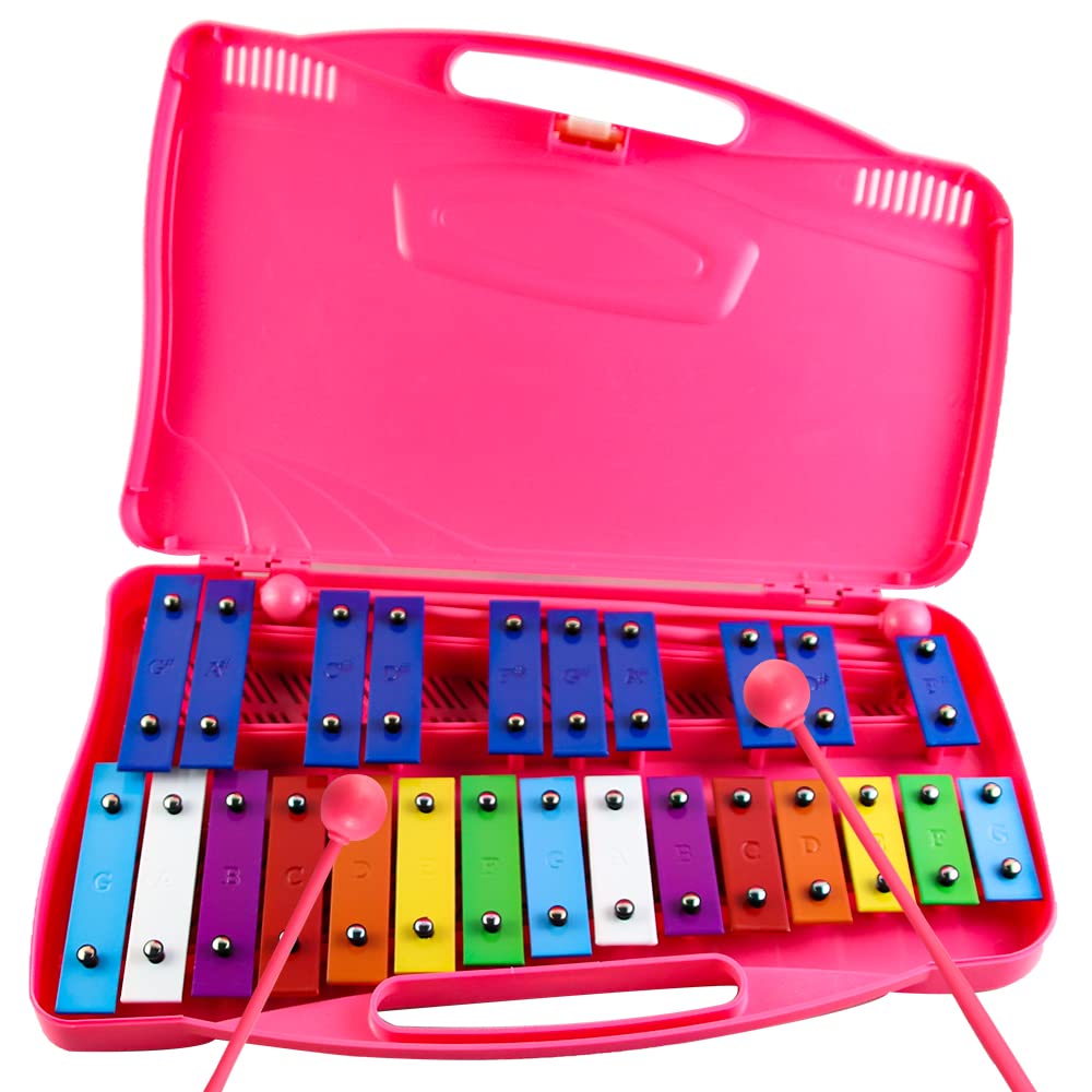 Eavnbaek Xylophone 25 Notes Glockenspiel for Kids, Professional Percussion Instrument With Hard Case and Safe Mallets, for Student Beginners, Music Teaching and Gifts (Pink)