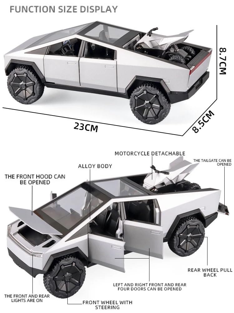1:24 Cyberpunk Pickup Truck Model Alloy Simulation Sound and Light Pull Back Off-Road Vehicle Boys Collection Decoration Birthday Gift (Silver)