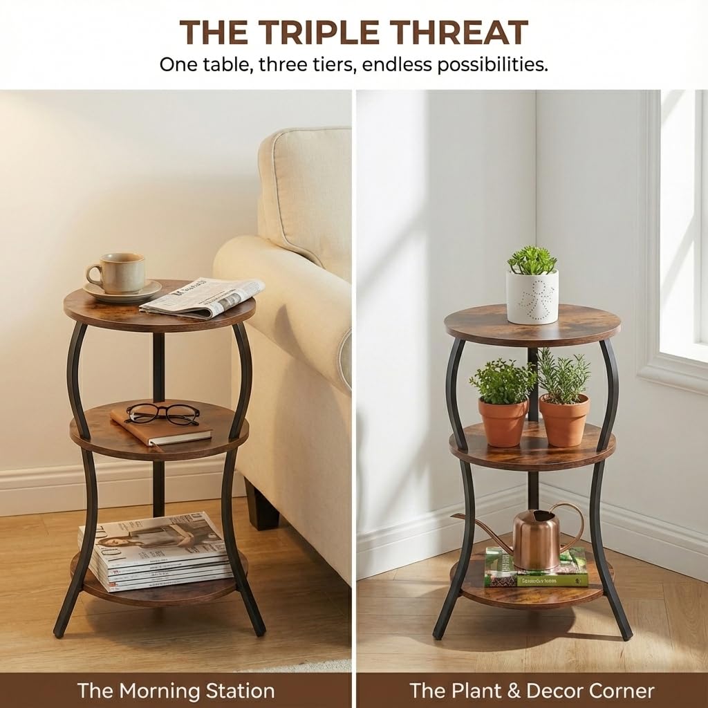 Vintage Round End Table, 3-Tier Slim Waist End Table with Storage Shelf, Small Round Table,Sofa Side Table,Small Round Vintage Table