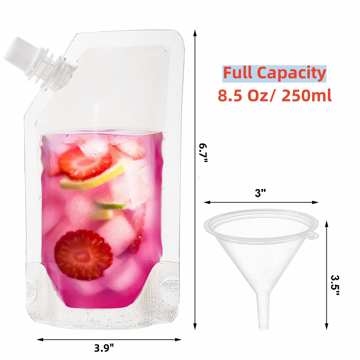 Mezchi 200 Pack Clear Drink Pouches, 250ml Leak-Proof Plastic Juice Flasks Bags with Funnel for Travel, Concerts