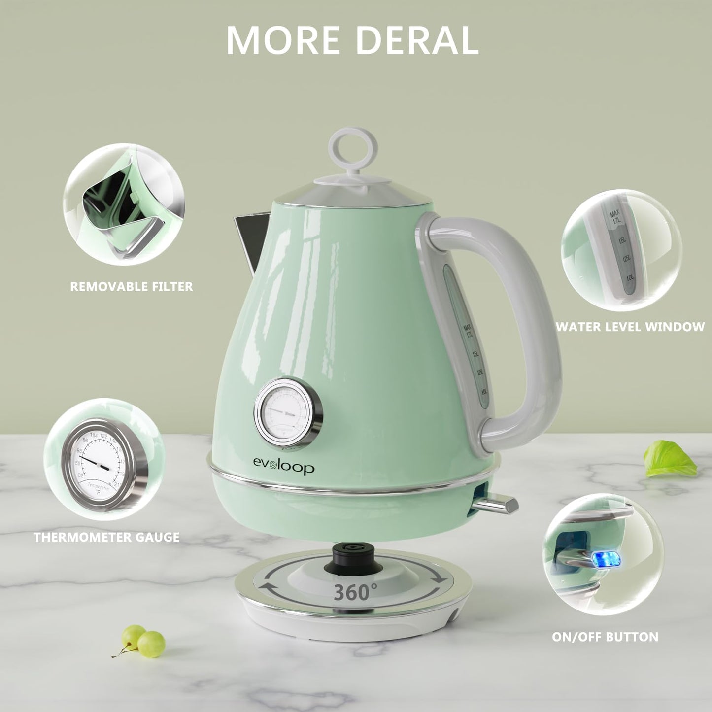 Electric Tea Kettle, 1500W /1.7 Liter Hot Water Boiler Heater Pot, Retro Electric Kettle with Thermometer, Auto Shut-Off & Boil-Dry Protection, BPA Free,Stainless Steel Teapot