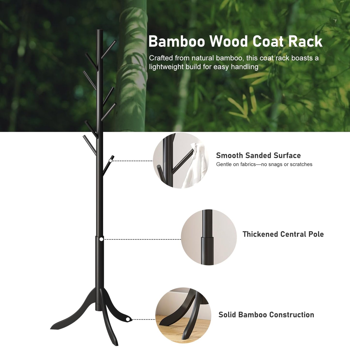 Black Coat Rack Stand, Bamboo Wood Coat Tree with 8 Hooks, Hallway Entryway Hat Hanger Organizer Standing for Bedroom, Office, Clothes, Jackets, Bags, Umbrellas