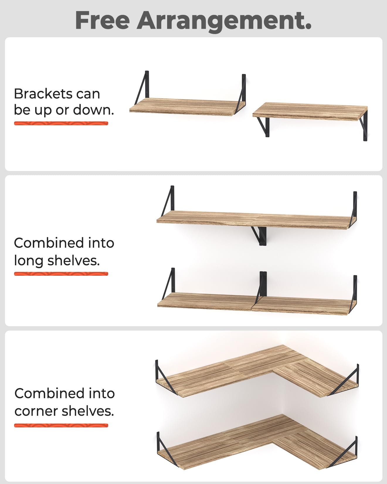 Greaittle 10 Inch Deep Floating Shelves, 16.5" x 10", Set of 4, Natural Wood Floating Book Shelves for Bedroom, Living Room, Rustic Wall Shelves for Books, Plants and More, Burnt Wood Finish
