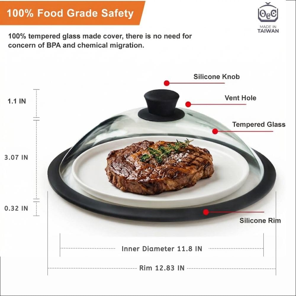 OEC Vented Splatter Guard Microwave Glass Cover for Food with Easy-Grip Handle, 12.5 inch (Inner Diameter 11.8”), Food Grade Tempered Glass, BPA Free Silicone Rim with Steam Vent - Dishwasher Safe