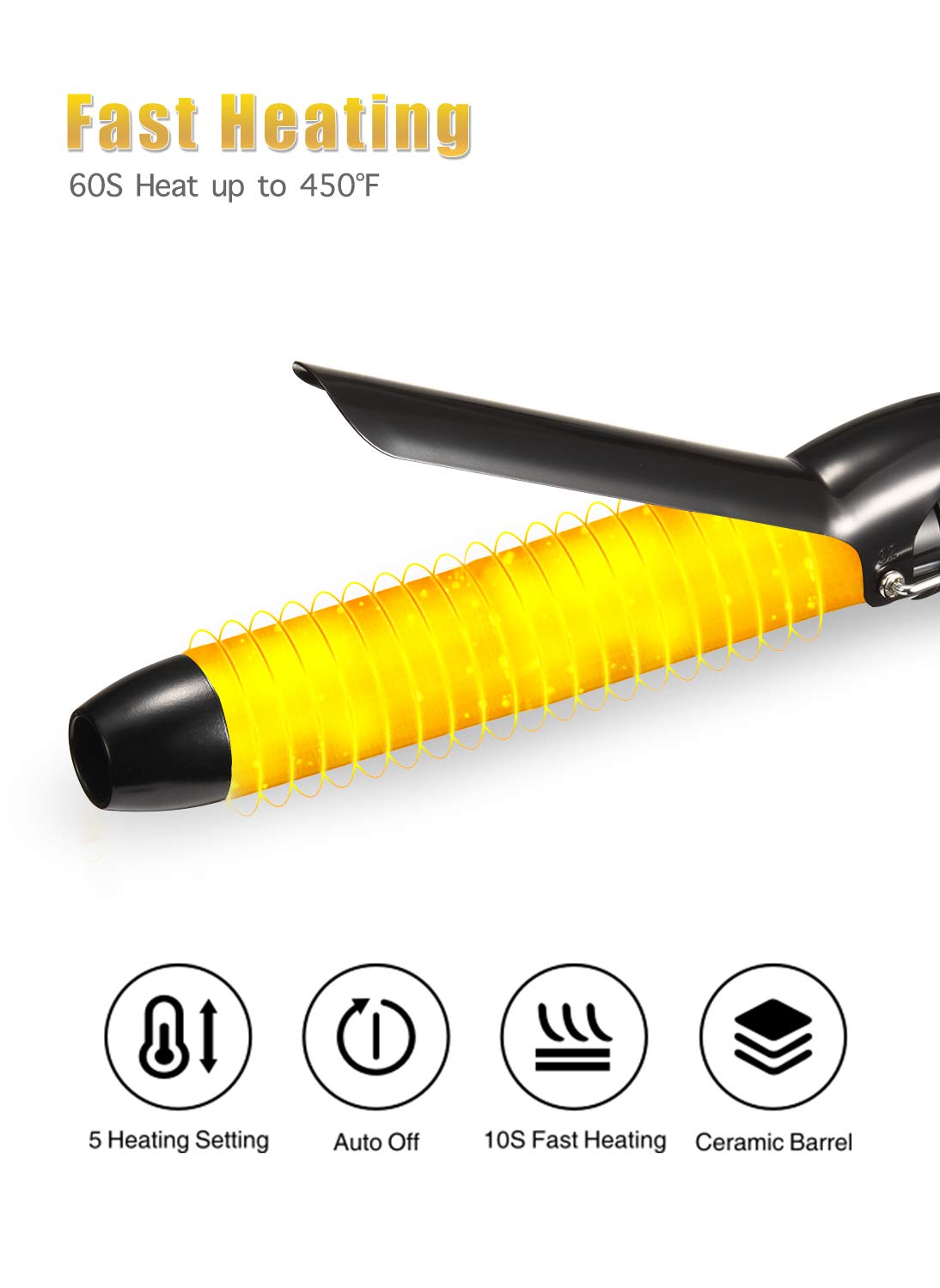 Lanvier 1.25 Inch Clipped Curling Iron with Extra Long Tourmaline Ceramic Barrel, Professional Hair Curler up to 450°F with Dual Voltage for Traveling, Hair Waving Style Tool for Girls & Women –Black