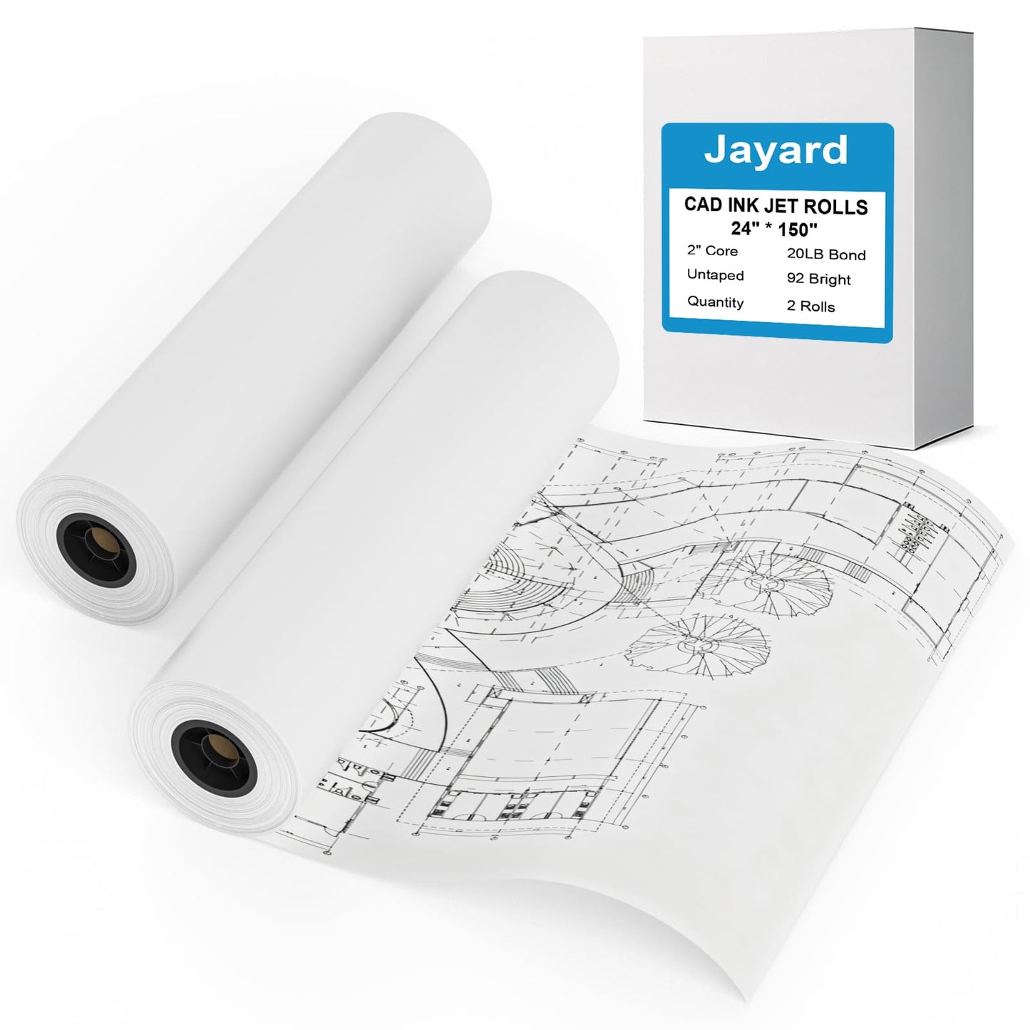 Jayard Wide Format Paper 24" x 150' CAD Paper Rolls - 2 Rolls Per Carton - Plotter Paper for CAD Printing on Wide Format Ink Jet Printers