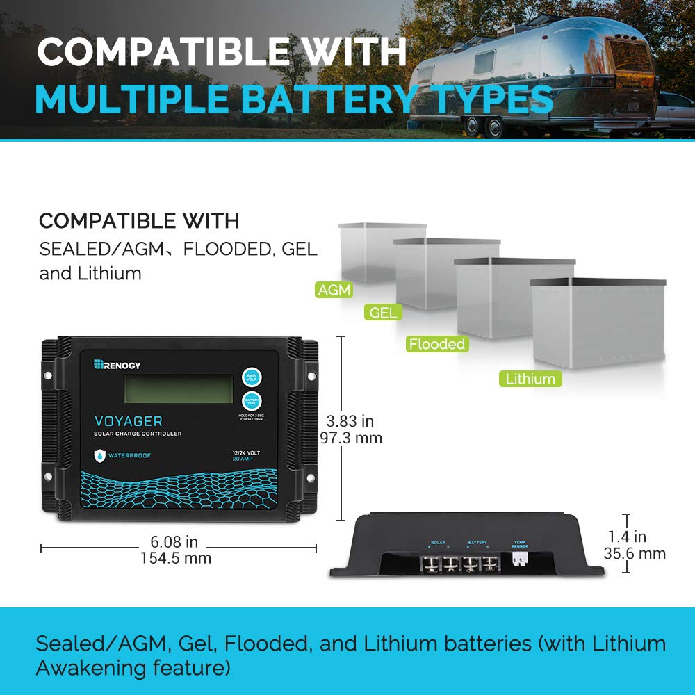 Renogy Voyager 20A 12V/24V PWM Waterproof Solar Charge Controller w/LCD Display for AGM, Gel, Flooded and Lithium Battery, Used in RVs, Trailers, Boats, Yachts, Voyager 20A
