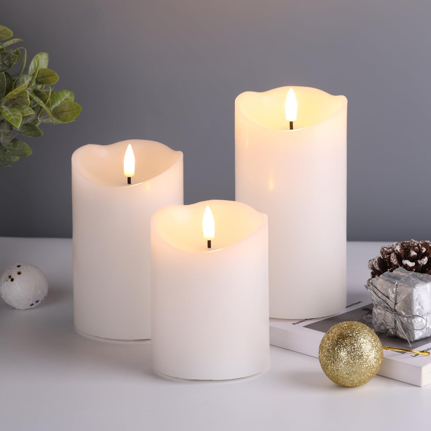 Eywamage White Flameless Pillar Candles with Remote, Realistic LED Candles Battery Operated Real Wax Flickering Set of 3