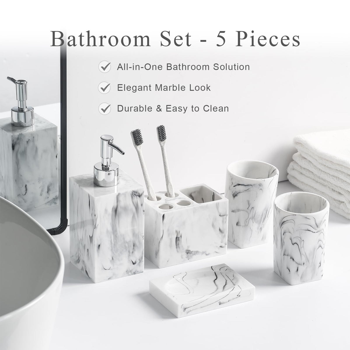 5 Piece Bathroom Accessories Set, Marble Resin Bathroom Vanity Set, Soap Dispenser, Toothbrush Holder, Soap Dish & 2 Tumblers, Bathroom Countertop Organizer Set (Ink White)