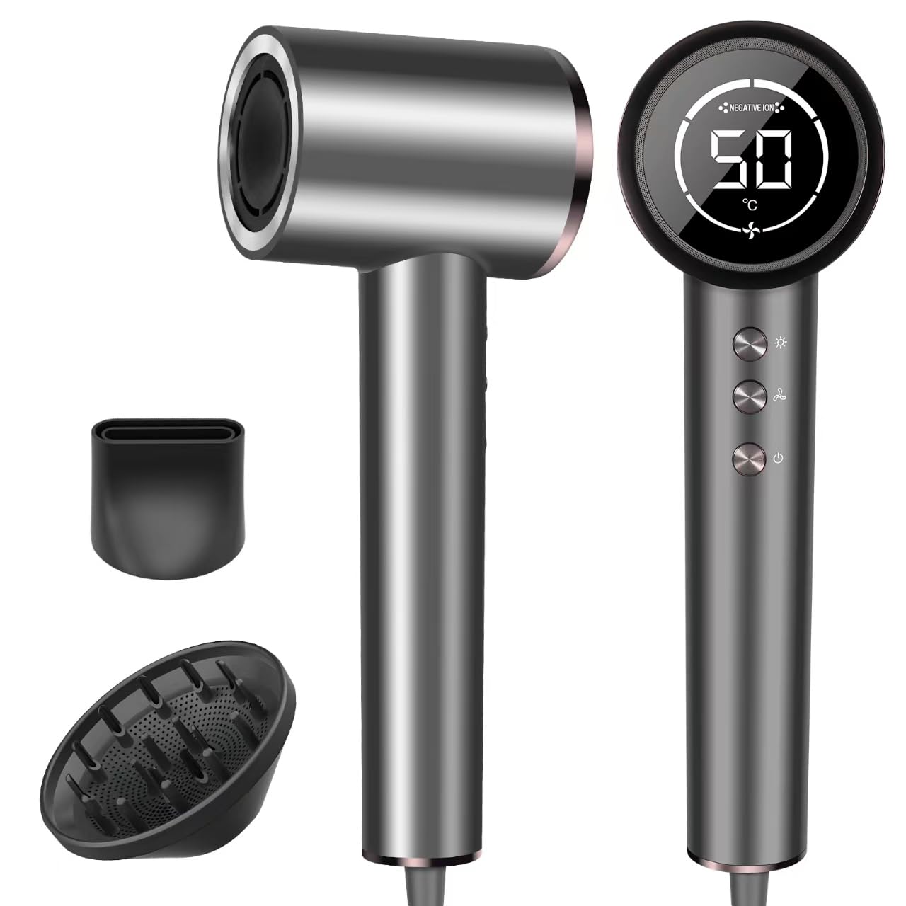 AEMOLL Hair Dryer, 150000RPM Professional High-Speed Negative Ionic Care Blow Dryer, Heat-Control, Fast Drying, Low Noise with Magnetic Diffuser and Nozzle, 4 Temps & 3 Speeds, HD Display Gray