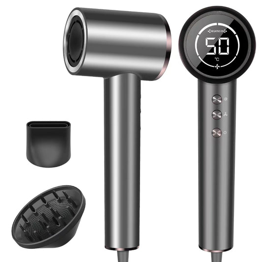 AEMOLL Hair Dryer, 150000RPM Professional High-Speed Negative Ionic Care Blow Dryer, Heat-Control, Fast Drying, Low Noise with Magnetic Diffuser and Nozzle, 4 Temps & 3 Speeds, HD Display Gray