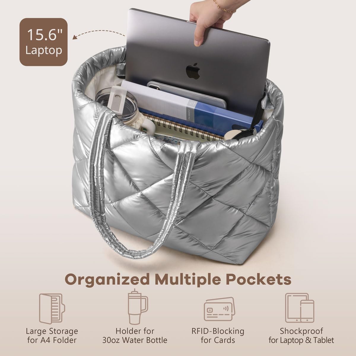 ASL Puffer Tote Bag for Women, Lightweight Quilted Handbags with Bottle Pockets for 15.6 Inch Laptop, Work Travel Nurse Gifts, Shiny Silver