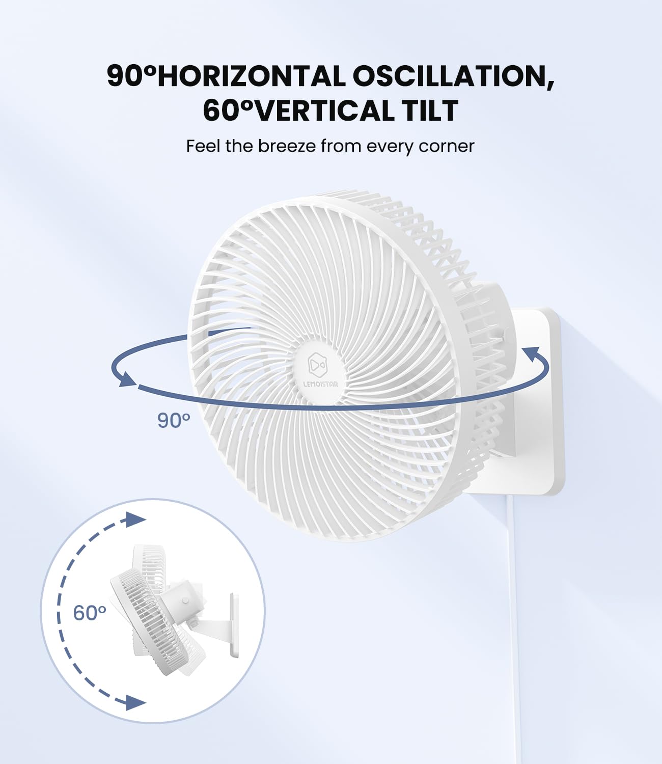 LEMOISTAR 10 Inch Oscillating Wall Mounted Fan with Remote Control, High Velocity 4 Speeds Timer, Adjustable Tilt, Ultra Quiet,for RV Bedroom Garage Office-White