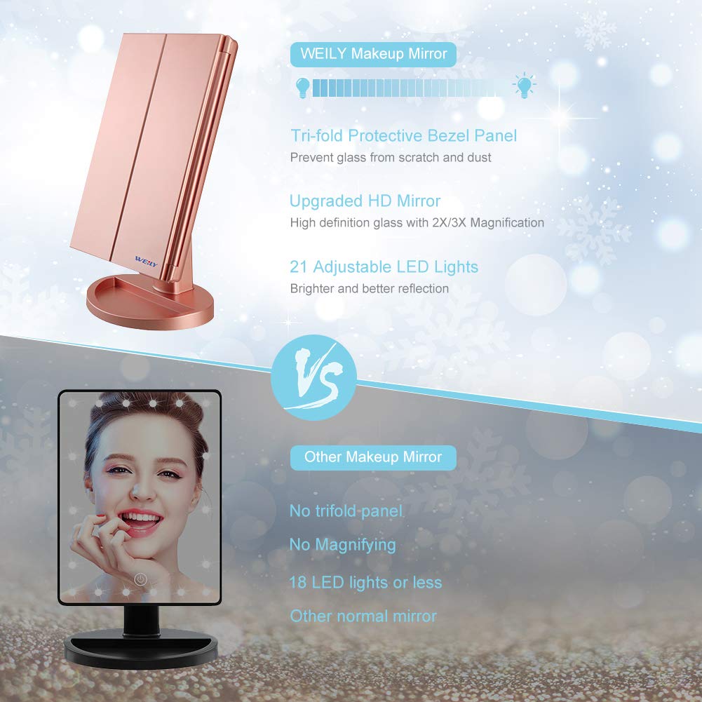 WEILY Vanity Makeup Mirror,1x/2x/3x Tri-Fold Makeup Mirror with 21 LED Lights and Adjustable Touch Screen Lighted Mirror Dressing Mirrors for Women (Rose Gold)