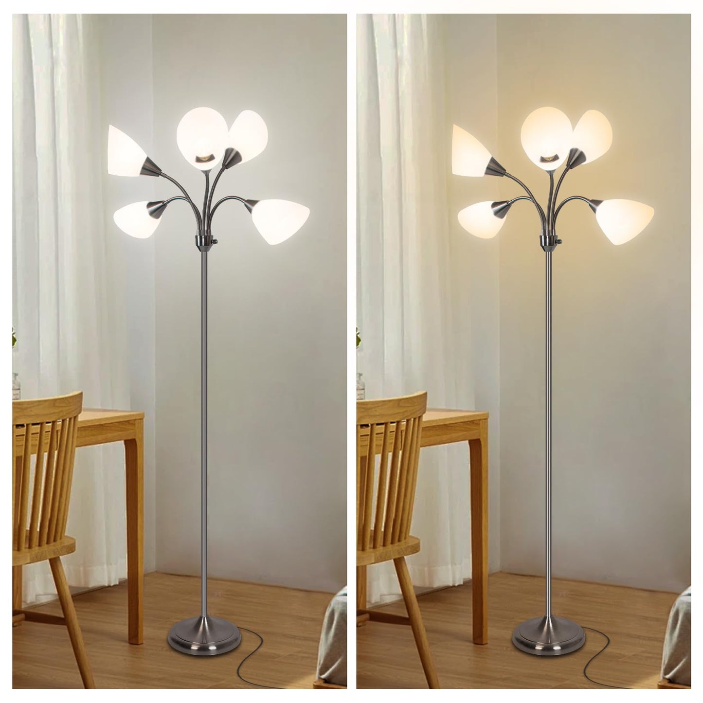 HonoDing Medusa Floor Lamps Standing Lamps 5 Heads Adjustable Reading Light Large Shade Use E26 A19 Bulb Floor Lamps for Living Room Bedroom (Satin Nickel)