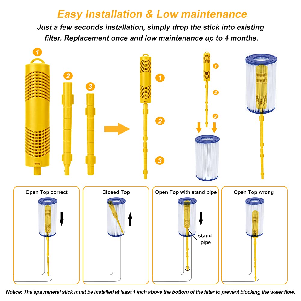 ACETOP Spa Mineral Stick 4 Pack Hot Tub Filter with 4 Months Lifetime Cartridge Universal for Spas Filters Swimming Pool Fish Pond (4Pcs (Yellow))