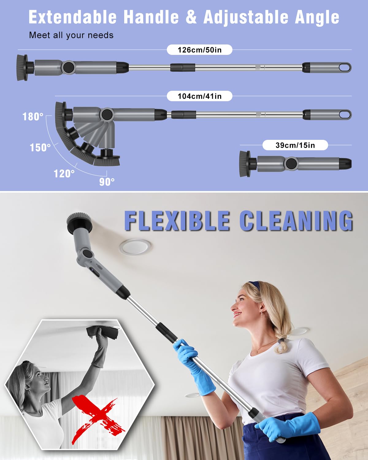 Electric Spin Scrubber, [Adjustable Angle] [Battery Display] Homtronics Cordless Electric Cleaning Brush with 8 Replaceable Brush Heads, 450r/min Speed, 50in Adjustable Long Handle for Bathroom (Grey)