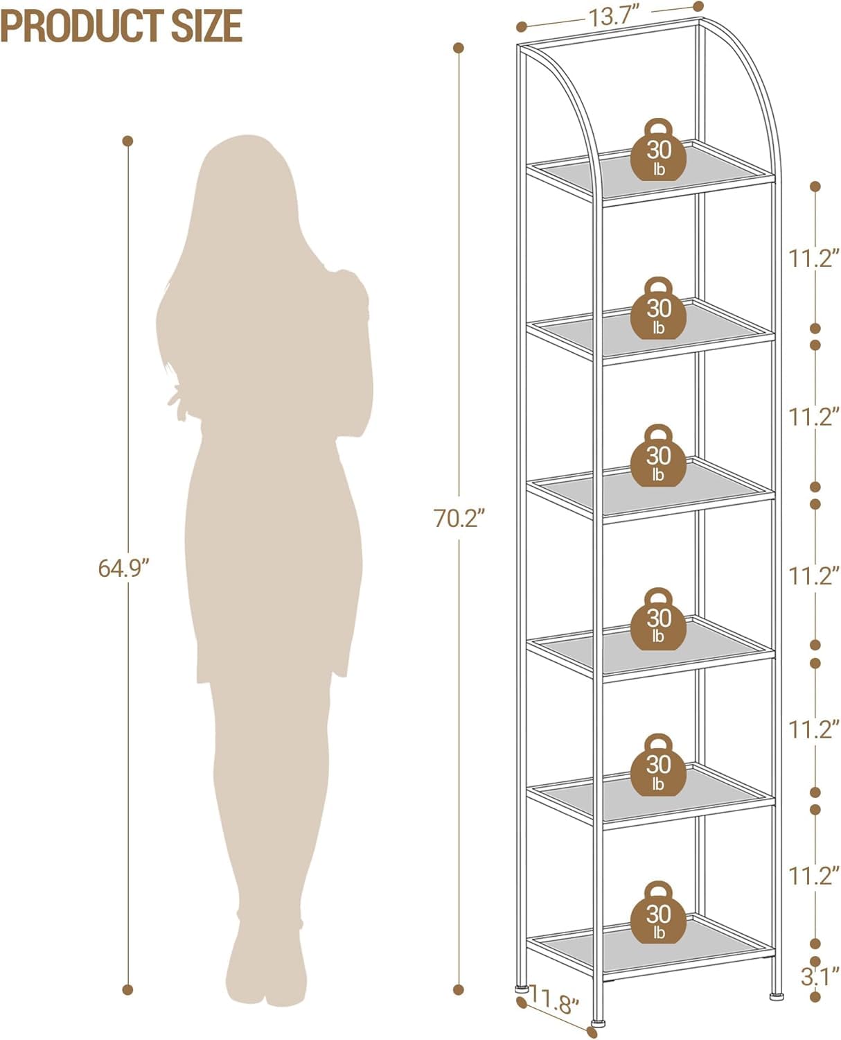 Hzuaneri Bookcase Bookshelf, Tempered Glass Arched Bookshelf for More Storage, Slim Shelving Unit for Bedroom, Bathroom, Home Office, Steel Frame, 6 Tier Gold BC20699G