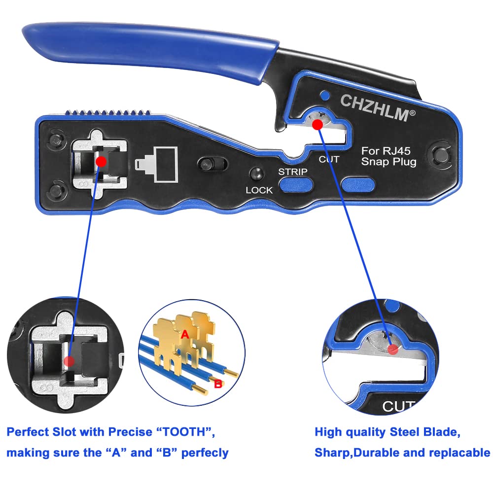 CHZHLM RJ45 Crimping Tool Kit Pass Through Crimper Stripper Cutter All-in-One for Cat5 Cat6 Pass Through Connector with Cable Tester 50Pcs Connectors 50Pcs Covers Mini Stripper and Blades