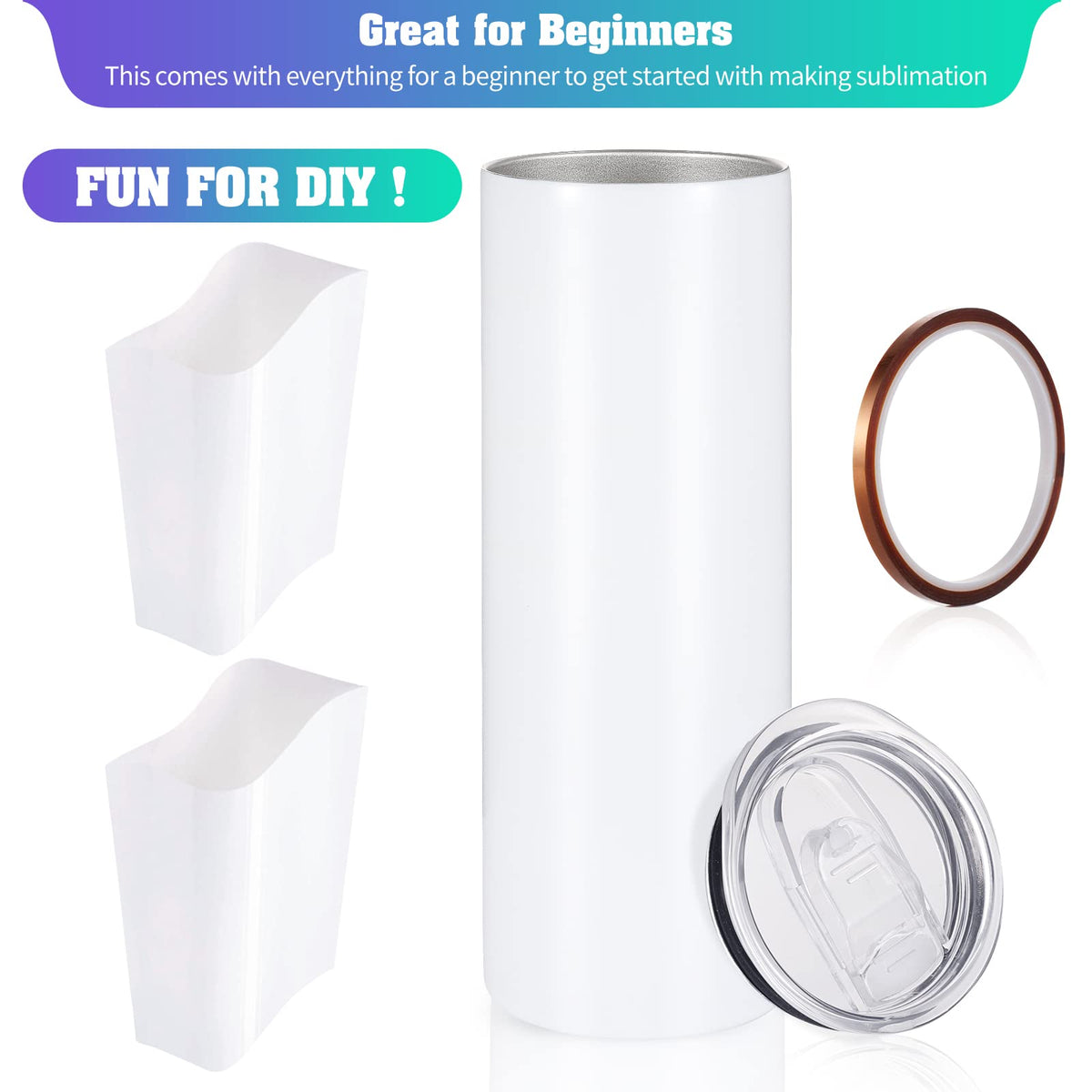 10 Pack Sublimation Tumblers Bulk Straight Skinny Tumbler Blanks 20oz for Heat Transfer, Individual Gift Boxed, Double Wall Insulated Tumbler with Shrink Wrap Films & Heat Tape & Straws