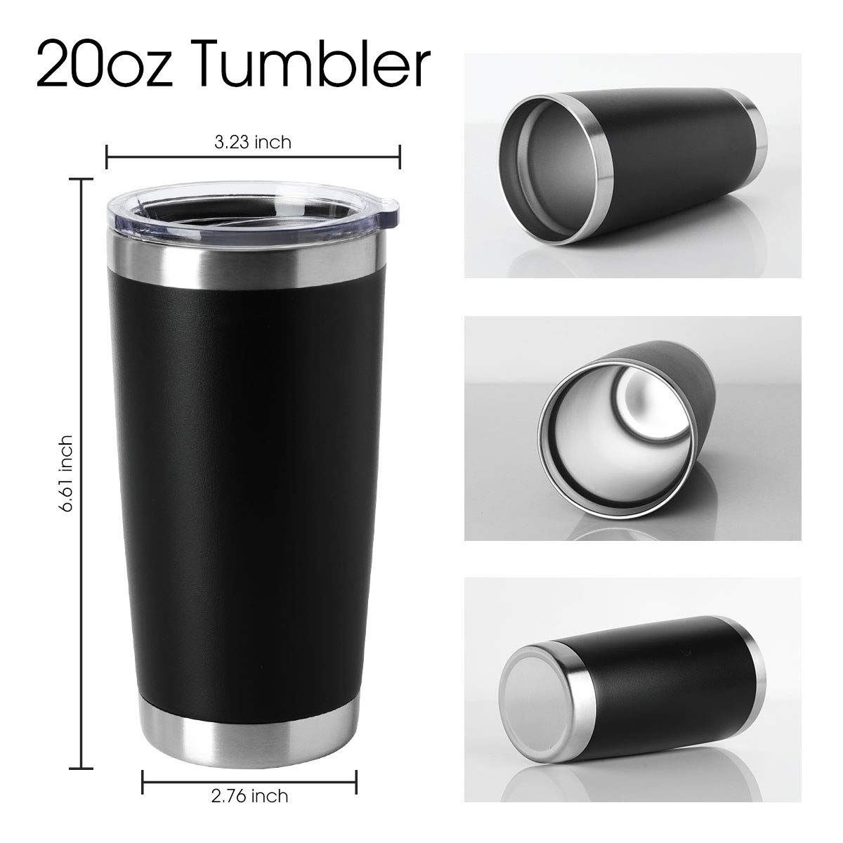 HASLE OUTFITTERS 20oz Tumblers Stainless Steel Mugs with Lid Double Wall Vacuum Insulated Coffee Cups for Cold & Hot Drinks (20oz-Black, 8 Pack)