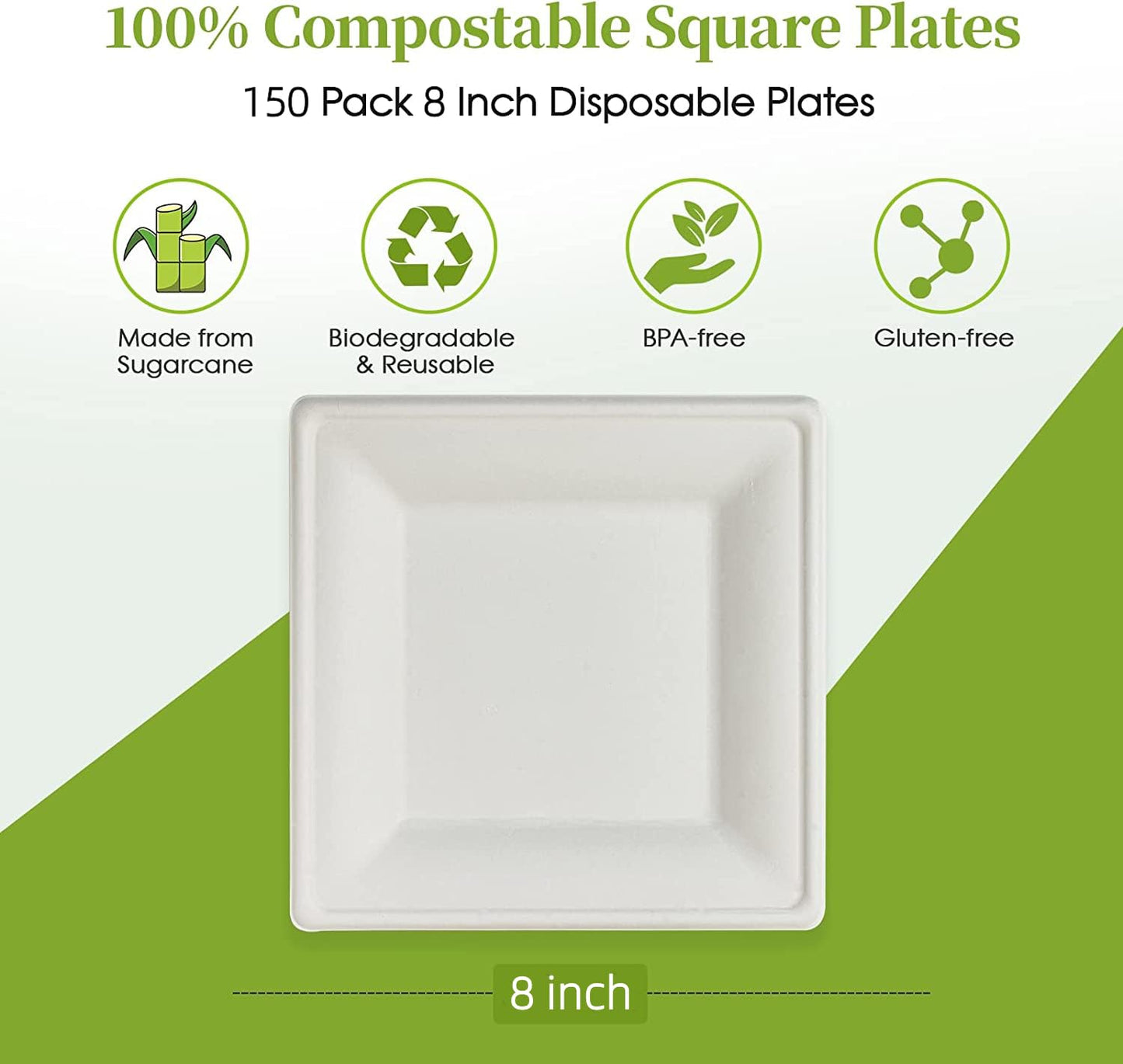 150 Pieces Square Paper Plates, 8-inch Compostable Disposable Plates, Eco-Friendly Heavy Duty Biodegradable Sugarcane Plates for Party Dinner Birthday
