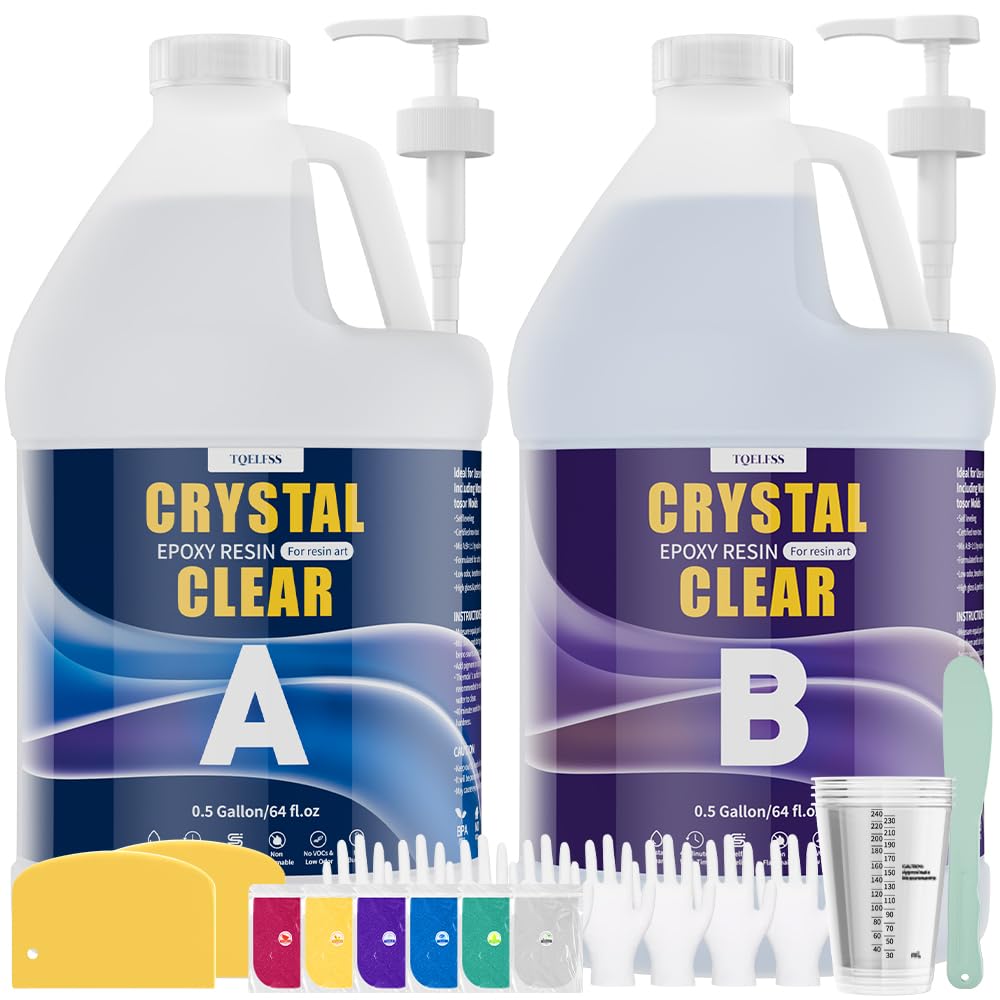 TQELFSS Epoxy Resin 1 Gallon, Crystal Clear Epoxy Resin Kit (0.5gal ×2), High Gloss, Self Leveling Easy Mix Resin for Jewelry Making, Low Odor, Not Yellowing Casting for Molds, Crafts, Table Top