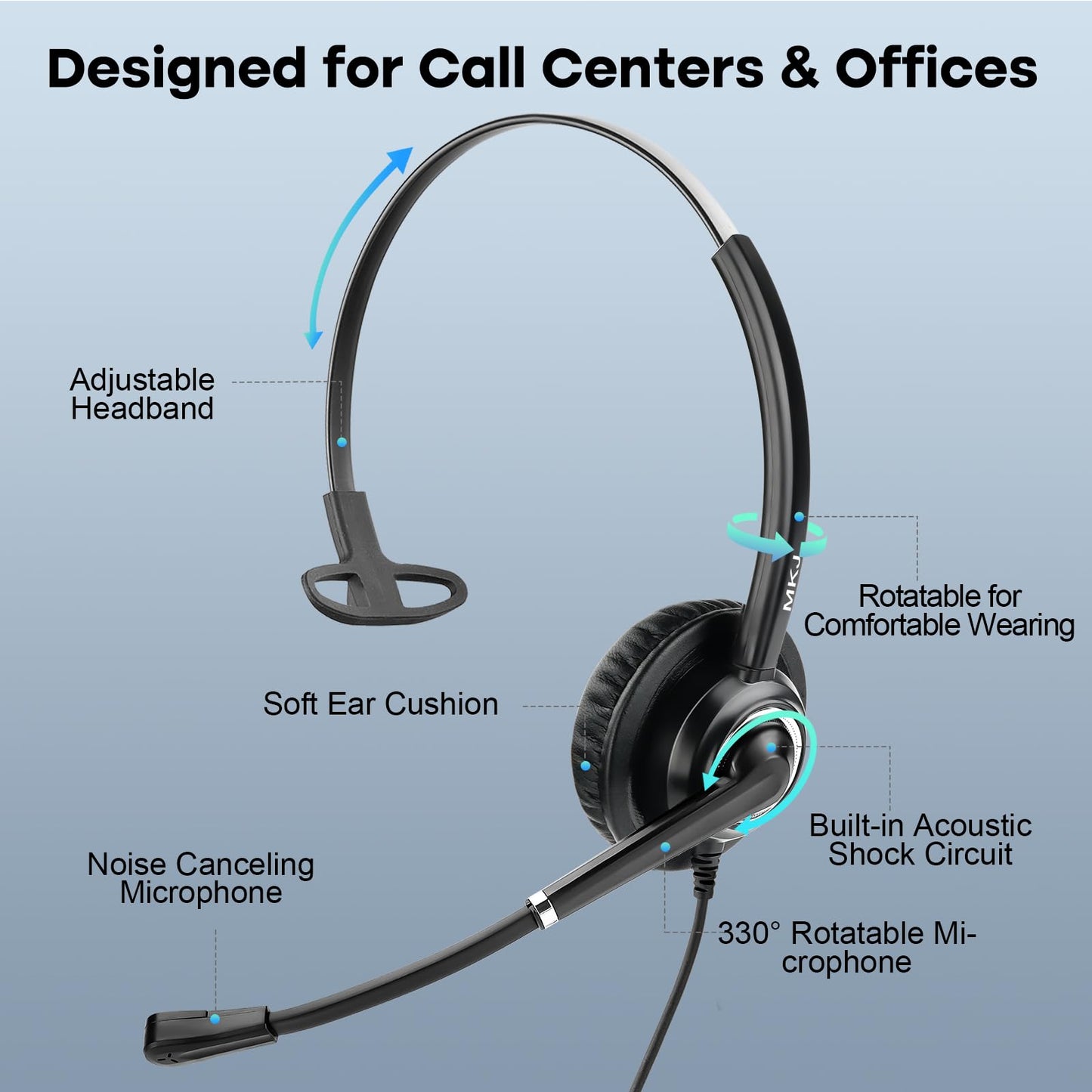MKJ Telephone Headset with Microphone Corded RJ9, Call Center Phone Headset Noise Cancelling for Cisco CP-7821 7861 7931G 7940 7942G 7945G 7960 7961 7961G 7962G 7965G 7975 8811 8861 9951 9971
