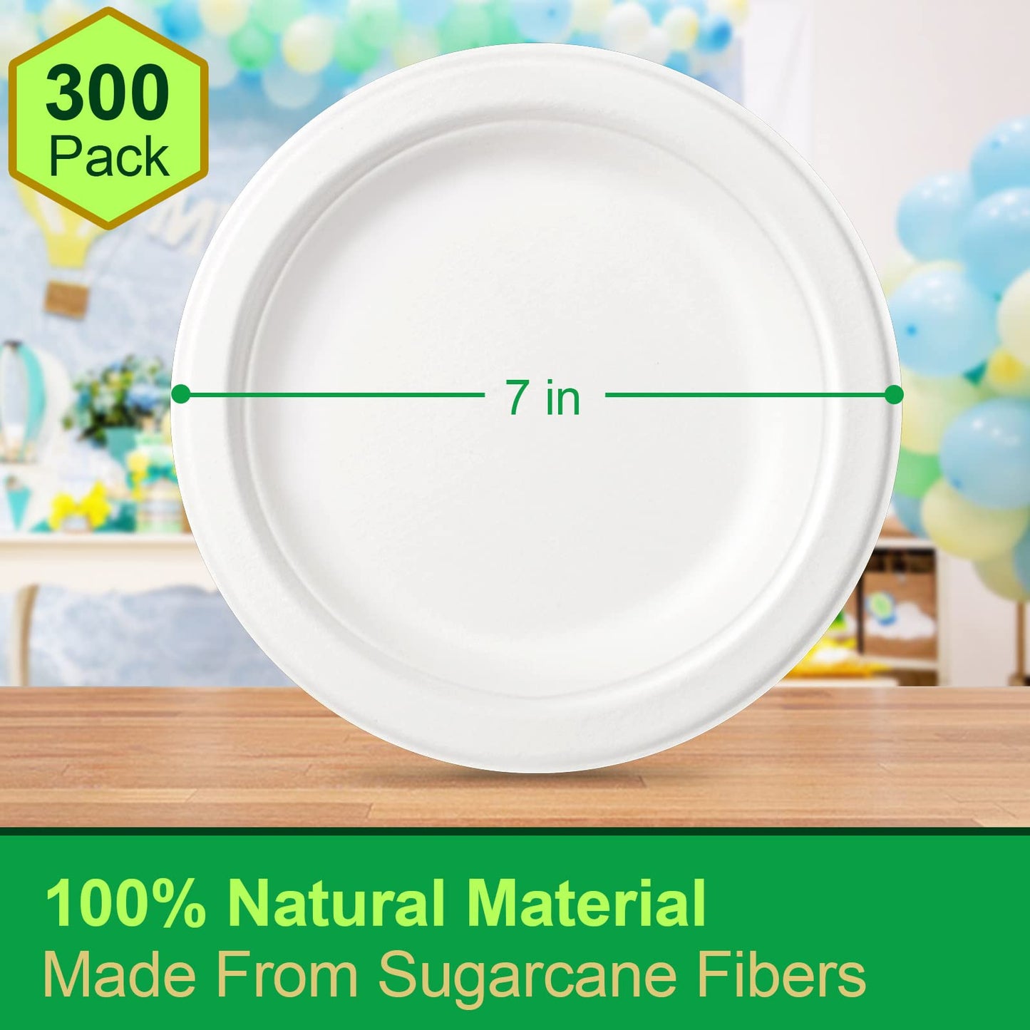 GREENESAGE 100% Compostable Plates 7 inch, 300 Pack Paper Plates Bulk, Small Paper Plates Eco Friendly Disposable Plates, White Paper Plates for Dessert, Cake, and Snack