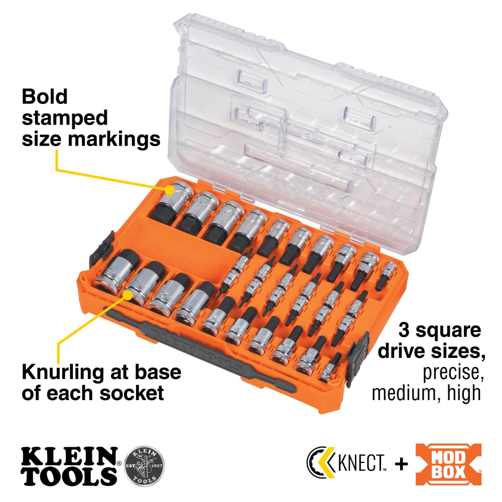 Klein Tools 65233HEX Hex Bit Socket Set, 1/4, 3/8, 1/2-Inch Drives, Knurled, SAE (5/64 to 3/4 inch) and Metric (2 to 19mm) with MODbox Case, 32-Piece