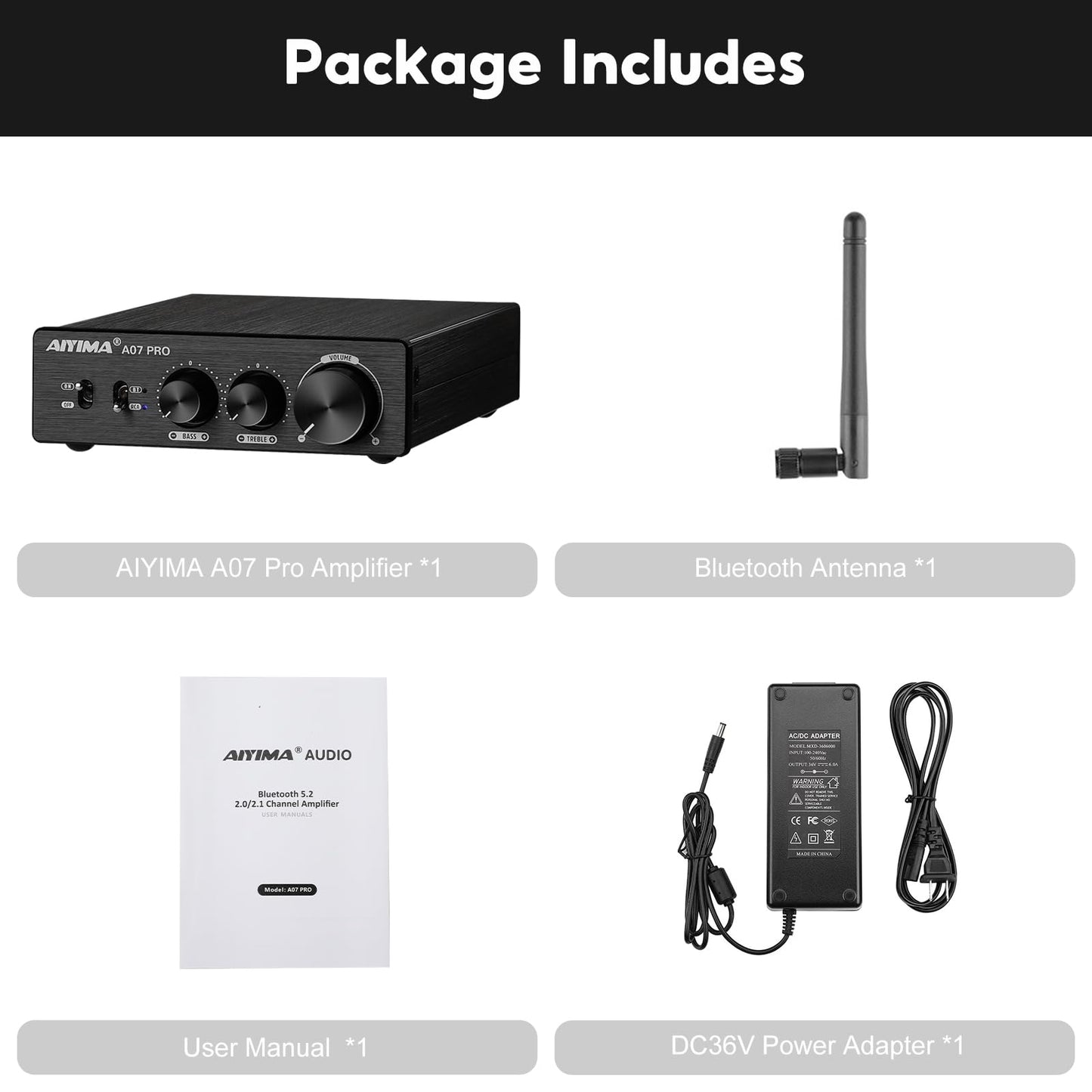 [Upgraded] AIYIMA A07 Pro TPA3255 Power Amplifier Bluetooth 5.2 300Wx2 HiFi Class D Stereo Digital Audio Amp 2.0 Sound Amplifier with Bass Treble Control& Line Output + Power Adapter