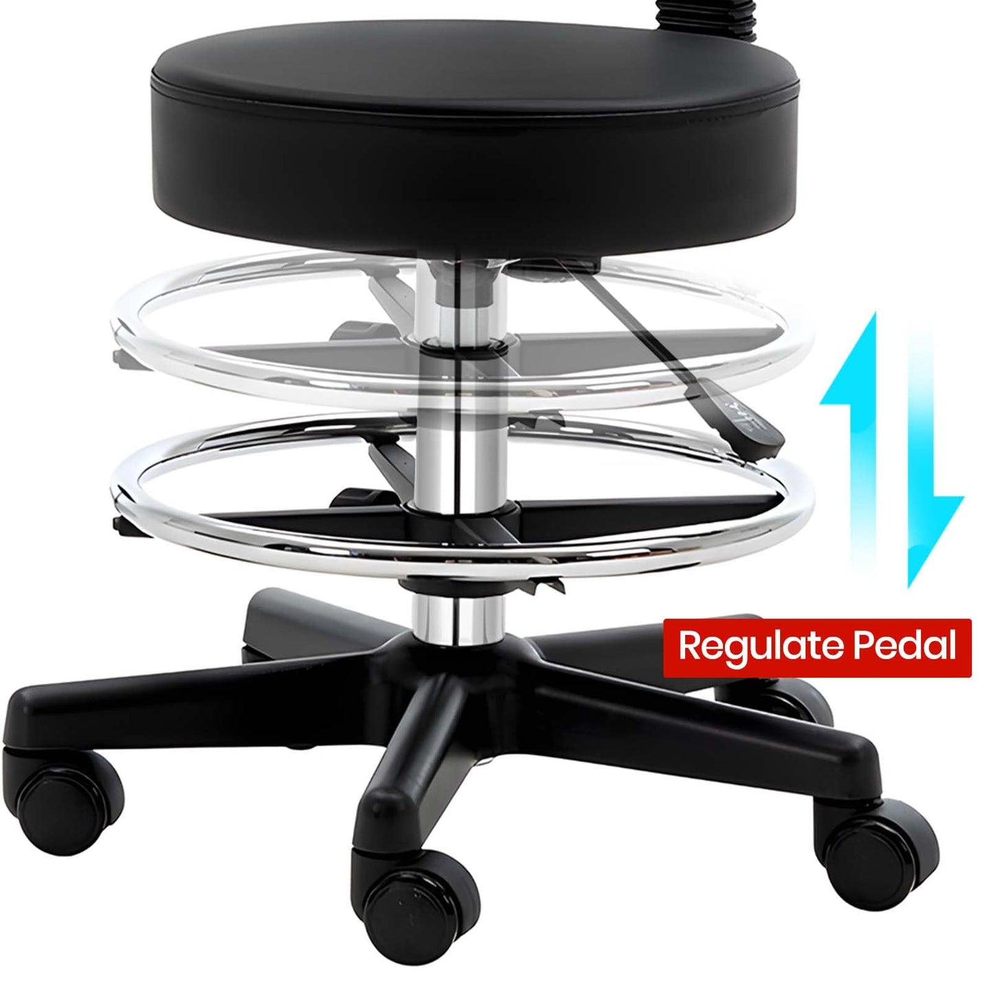 GEN'C BÉAUTY Swivel Rolling Stool with Backrest and Footrest — Height Adjustable Drafting Chair with Wheels for Office, Spa, Salon, Studio, Lab (Black)