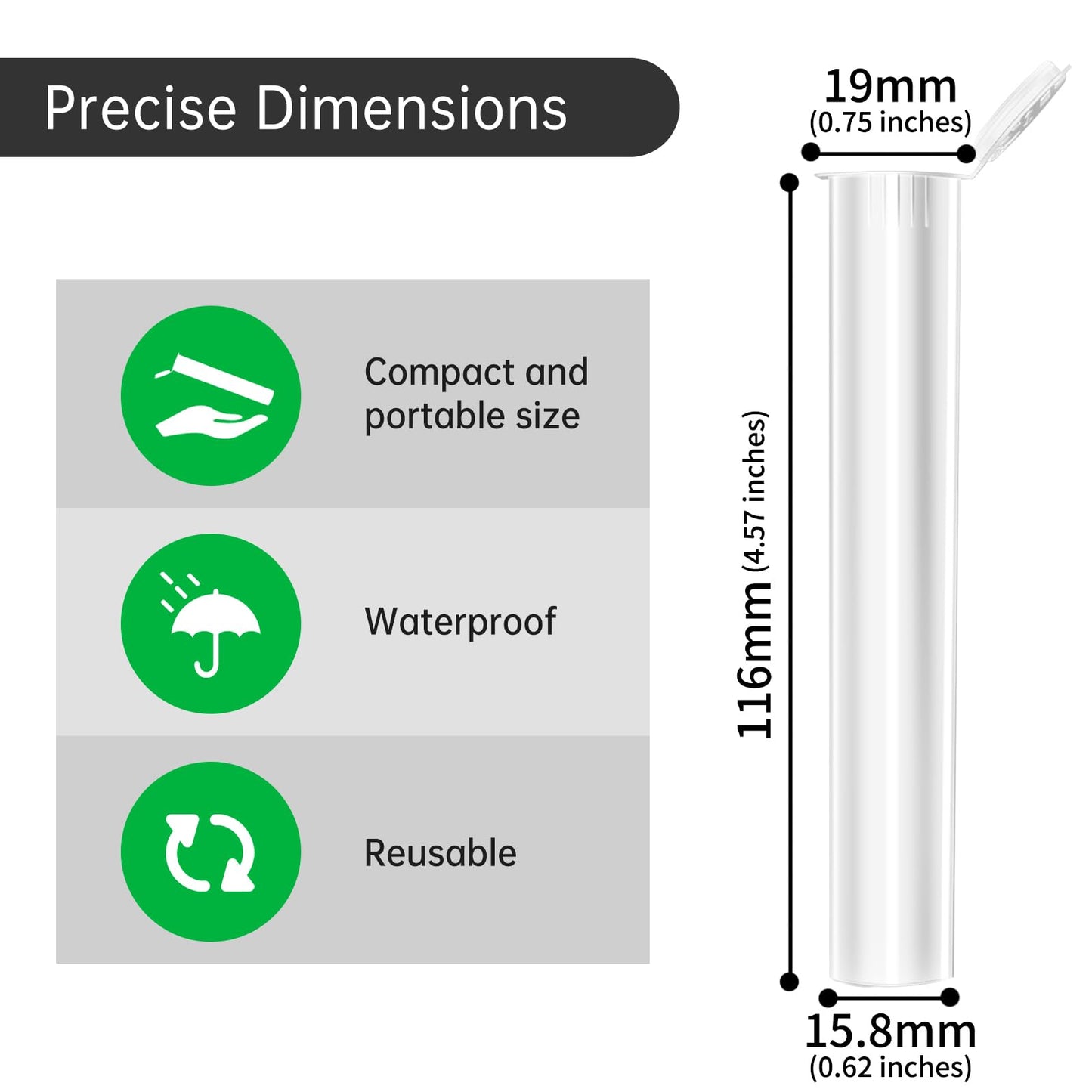 116mm Pre Roll Tubes with Caps, King Size BPA Free Plastic Storage Tubes Child Resistant Tubes Squeeze Pop Tops (White, 300)