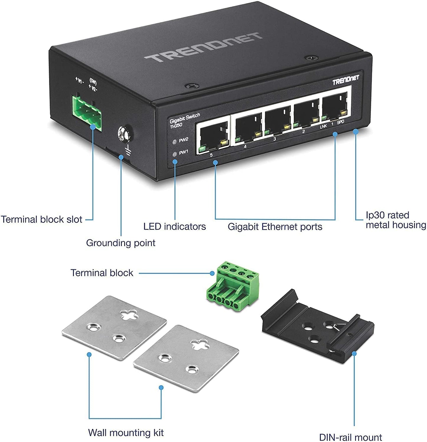 TRENDnet 5-Port Hardened Industrial Gigabit DIN-Rail Switch, 10 Gbps Switching Capacity, IP30 Rated Network Switch (-40 to 167 ºF), DIN-Rail & Wall Mounts Included, Lifetime Protection, Black, TI-G50