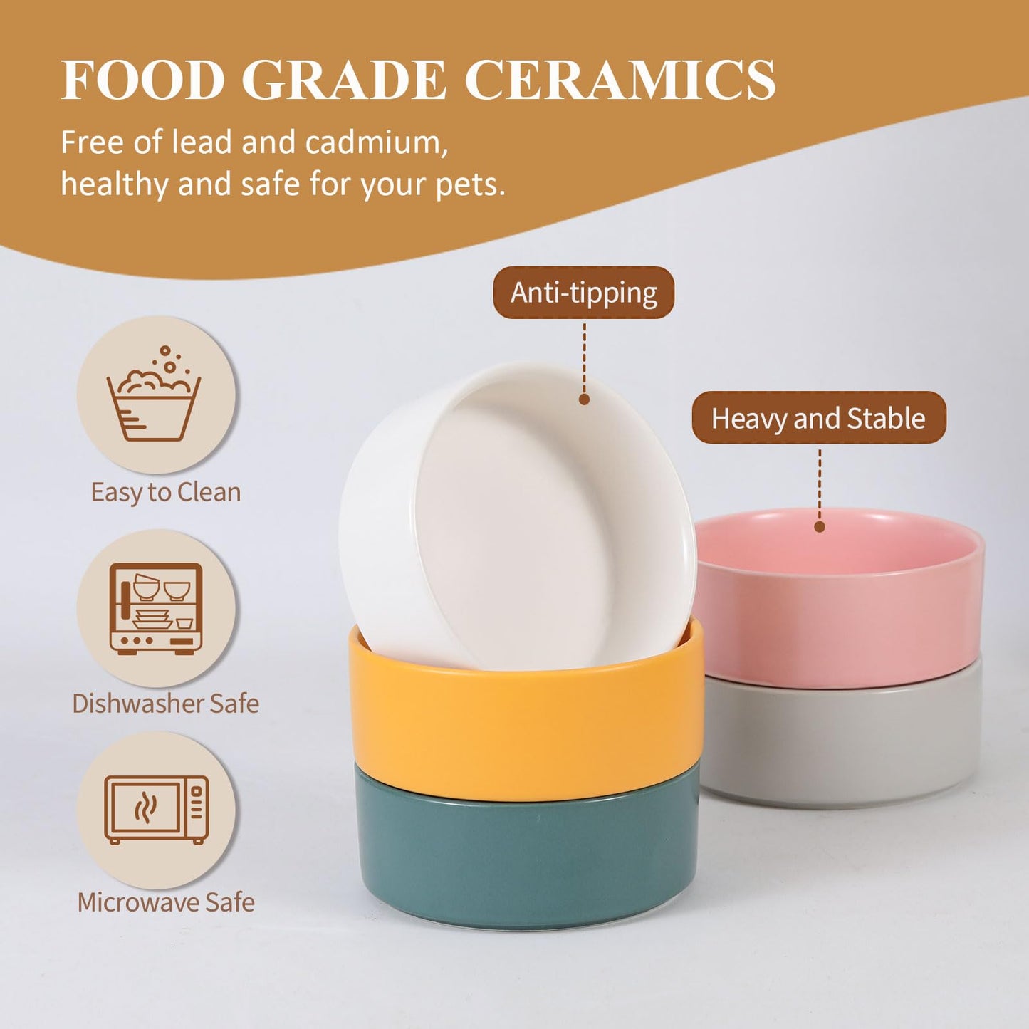 Ceramic Elevated Raised Cat Bowls - Cat Food Dish with Stand - Double Raised Cat Food and Water Bowls Anti Vomiting - Pet Bowl with Anti Slip Rubber pad - Stress Free for Cats and Small Dogs -set of 2