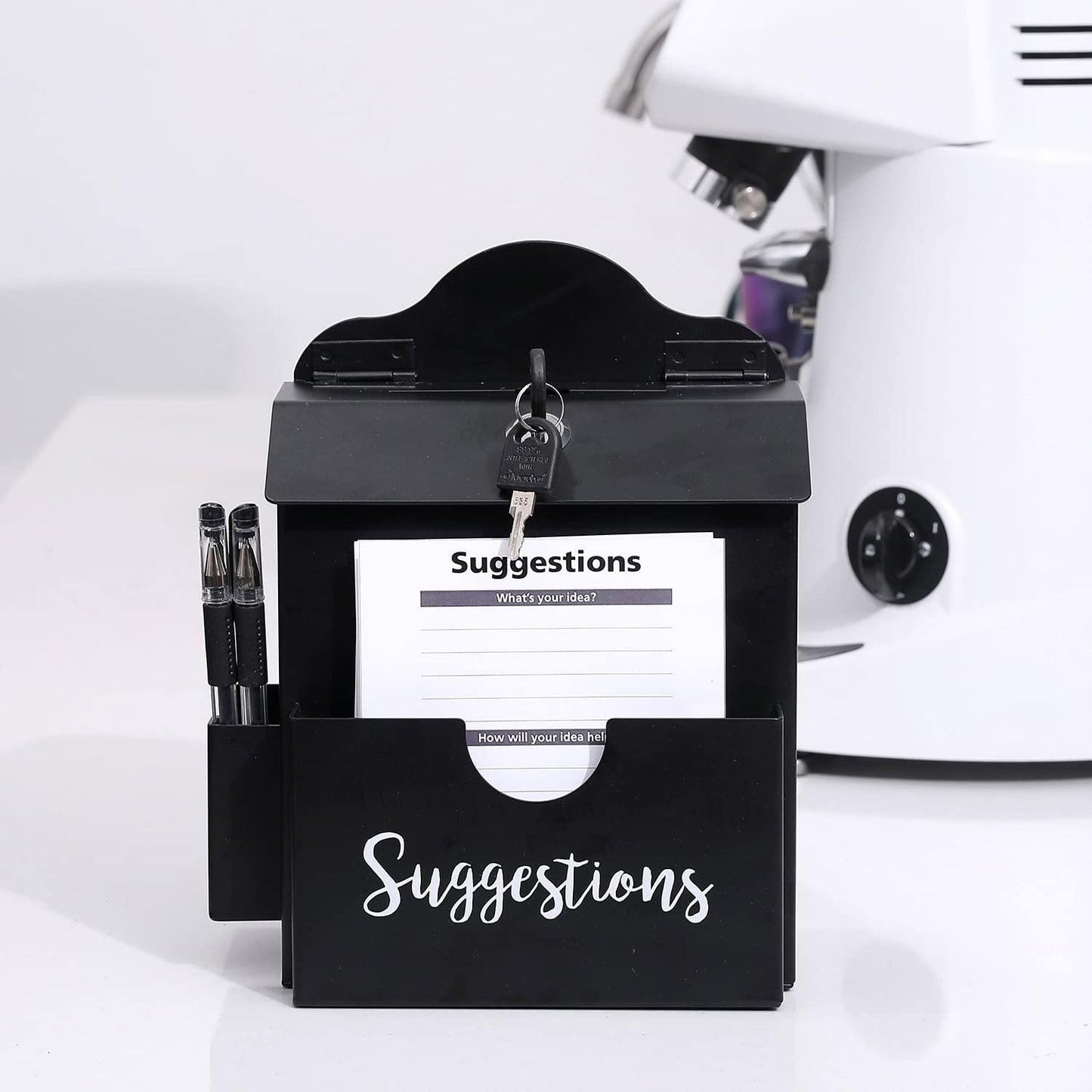 MyGift Classic Matte Black Metal Suggestion Box with Cursive Suggestions Lettering, Wall Mounted or Tabletop Comment Box with Lock, Keys, Paper Sheet and Pen Holder Slots