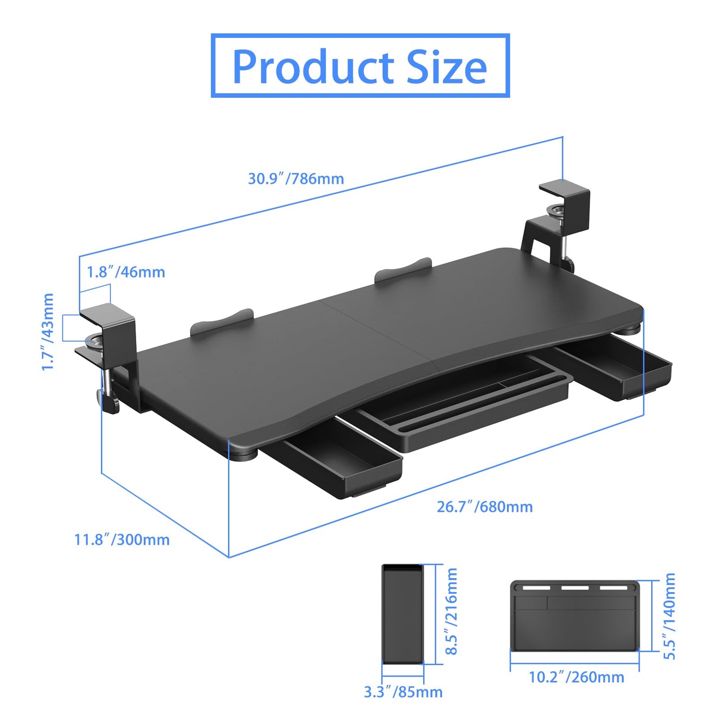 suptek Under Desk Keyboard Tray with Storage Drawer – 26.7" x 11.8" Large Workspace, Heavy-Duty C-Clamp Mount, Adjustable Height, Easy Installation – Perfect for Home Office, DSF6CT