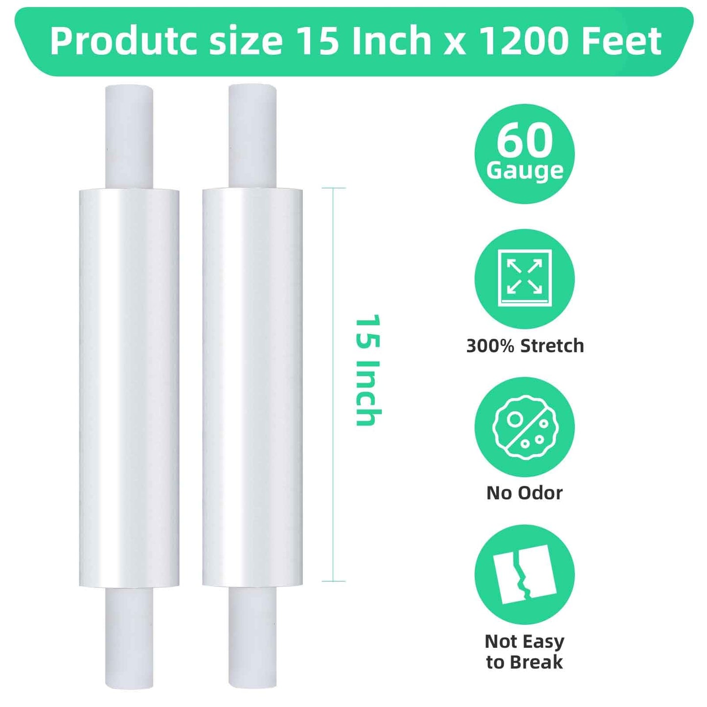 Stretch wrap roll with Handles 15" X 1200 Feet, Stretch Wrap Industrial Strength, Shrink Wrap Packing Moving Suppliers 60 Gauge Plastic Wrap for Pallet Wrapping Shipping and Surface Protection