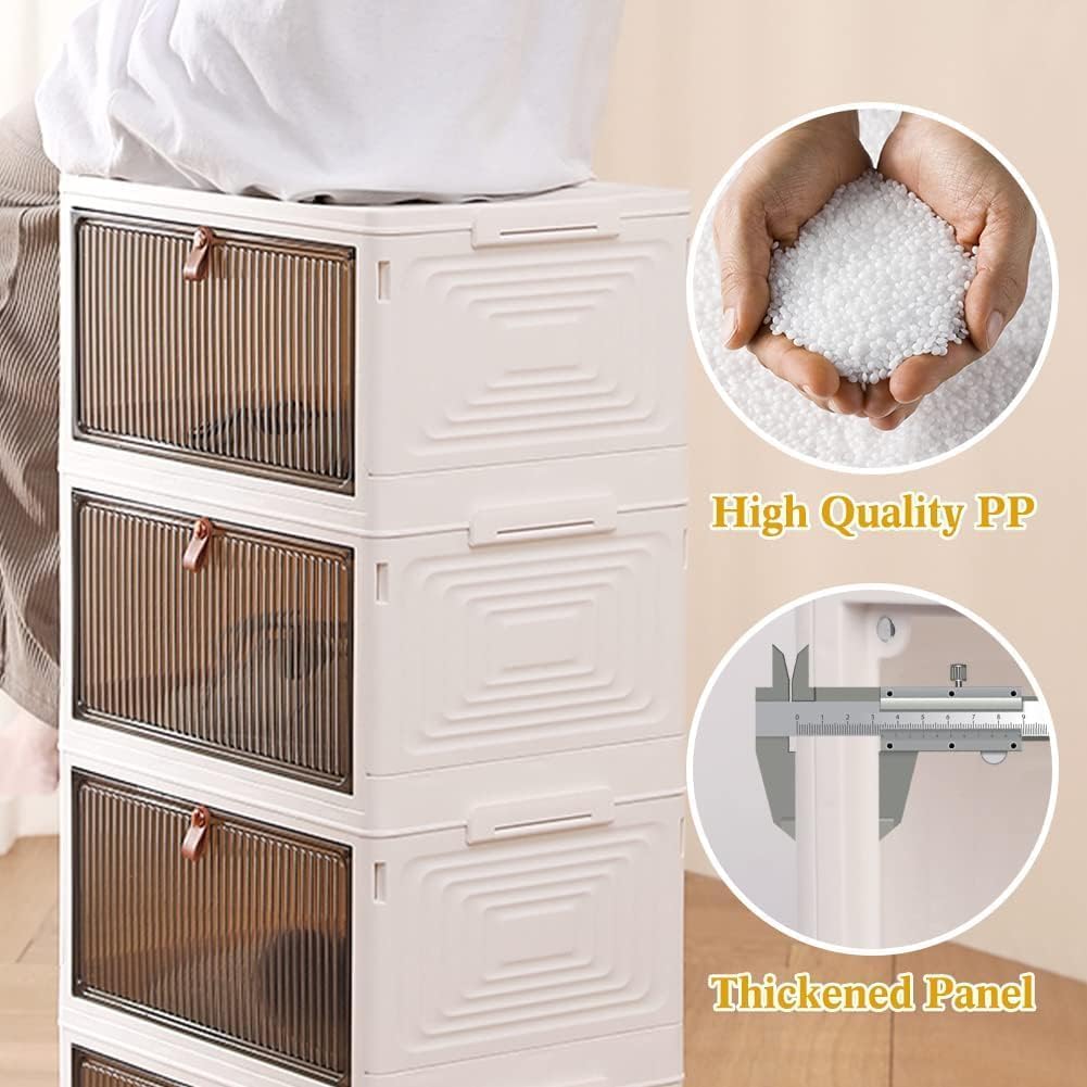 UHAPEER 3 Tier Plastic Stackable Storage Bins with Lids, Foldable Storage Box with Magnetic Doors and Wheels, Storage Container for Cabinet Closet Storage, Book, Clothes, Food Organization and Storage