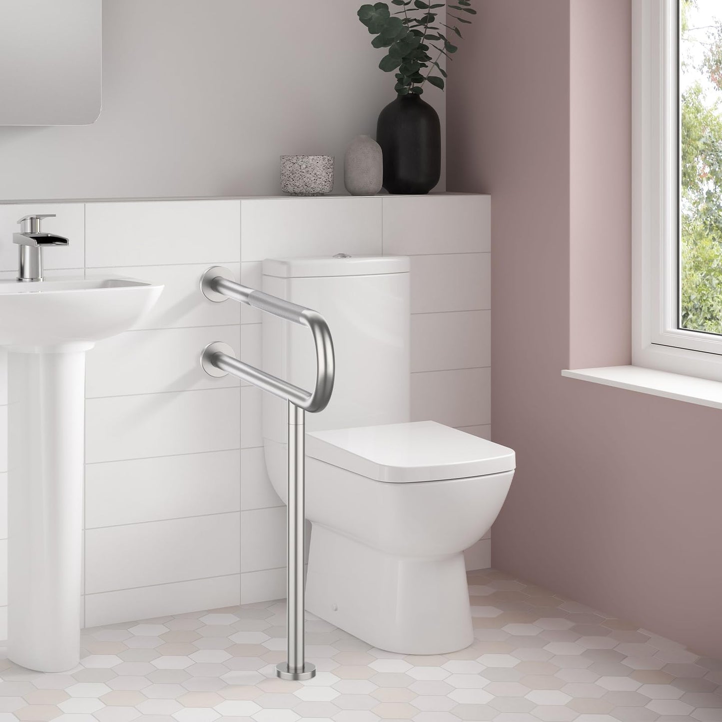 Toilet Grab Bar 31.3 Inch, Munzong Wall to Floor Brushed Nickel Bathroom Safety Bar w/Anti-Slip Knurled Grip, Stainless Steel Handicap Grab Bar with Leg,Support Bar for Disabled Elderly Pregnant